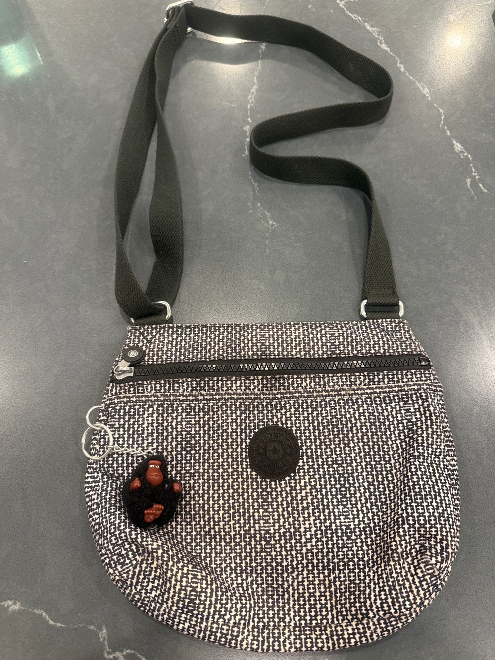 Kipling Black & White Pattern Crossbody Bag with Monkey Charm